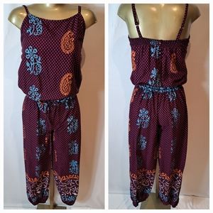 Macrame BOHO Stencil Printed Pink & Black Jumpsuit